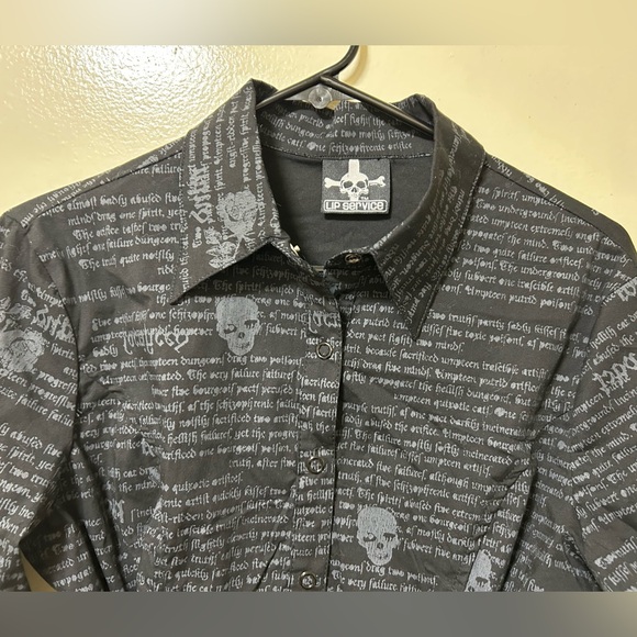 Vintage Y2K Lip Service Script/Skull Print Lace Up Button Down Shirt - Picture 2 of 4